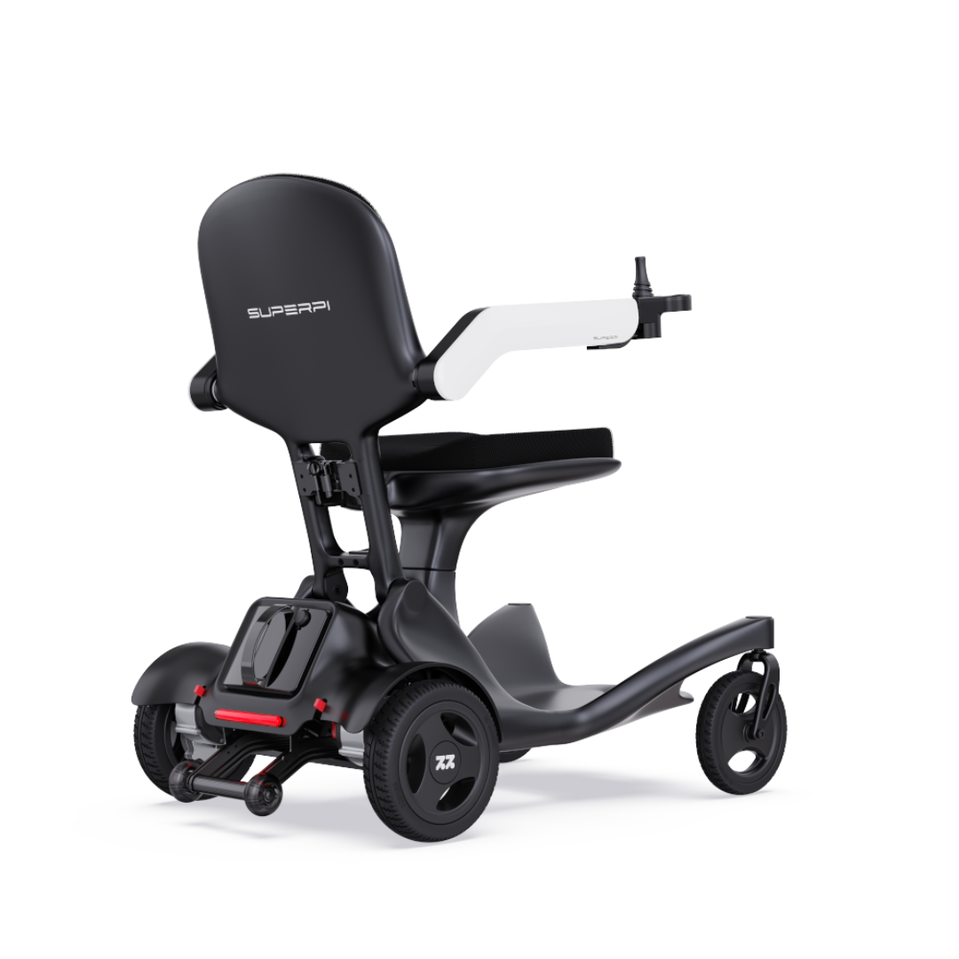 The Superpi P2 Portable Electric Wheelchair, shown in black and white with three wheels, ergonomic armrests, and a backrest labeled SUPERPI, is displayed from a rear side angle on a white background; only CSS code appears in the product description.